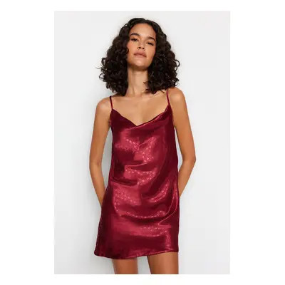 Trendyol Premium Burgundy Satin Heart Patterned Degaje Collar Strap Woven Nightdress