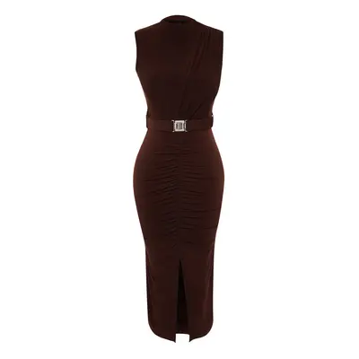 Trendyol Dark Brown Body-Fitting Drape Detailed Belted Midi Flexible Knitted Pencil Dress