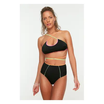 Trendyol Black High Waist Bikini Bottoms With Colorful Piping Detailed