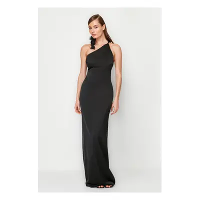 Trendyol Black A-Line Rose Detailed Woven Satin Long Elegant Evening Dress