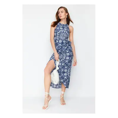 Trendyol Blue Shawl Patterned A-line Tie Detailed Midi Woven Dress