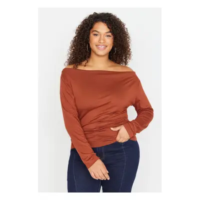 Trendyol Curve Brown Carmen/Madonna Collar Knitted Blouse