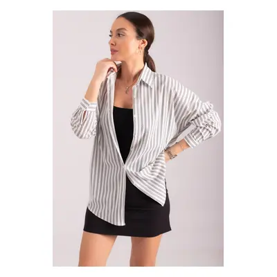 armonika Women's White Pinstripe Oversized Long Basic Shirt