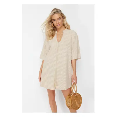 Trendyol Beige Wide Fit Mini Knitted Tied Beach Dress