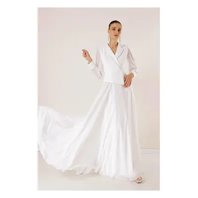 By Saygı Double Breasted Neck Stone Detailed Lined Chiffon Long Dress with Sleeves and Skirt