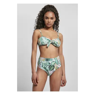 Women's high-waisted bikini with leaf white pattern