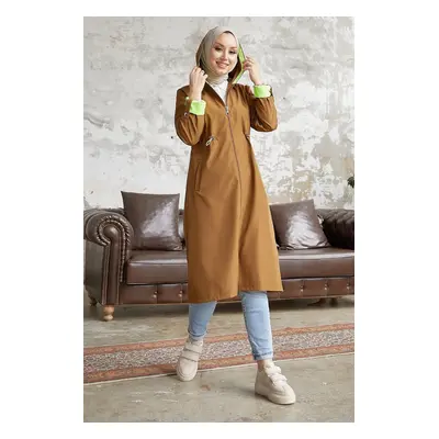 InStyle Neon Trench with Drawstring Waist Hooded - Tan \ Green