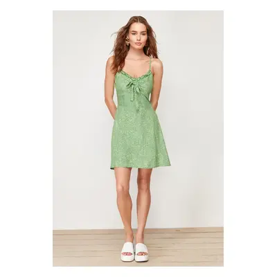 Trendyol Dark Green A-Line Mini Tie Detail Floral Patterned Woven Dress