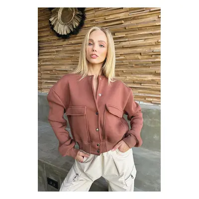 Trend Alaçatı Stili Women's Cinnamon Snap Closure Double Pocket Crop Jacket