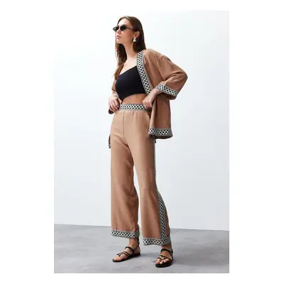 Trendyol Camel Embroidered Woven Kimono-Pants Set