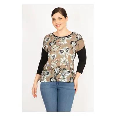 Şans Women's Khaki Plus Size Front Patterned Long Sleeve Blouse