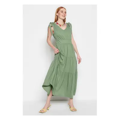 Trendyol Khaki A-Cut Flounce V-Neck Maxi Woven Dress