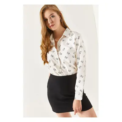 armonika Women's White Floral Pattern Long Sleeve Shirt