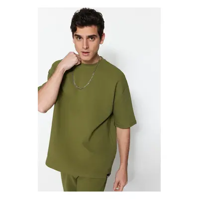 Trendyol Limited Edition Khaki Oversize 100% pamut címkével ellátott texturált alap vastag póló