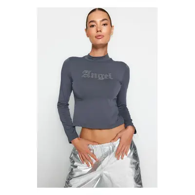 Trendyol Anthracite Stone Slogan Printed Cotton Stretch High Neck Fitted/Situated Knitted Blouse