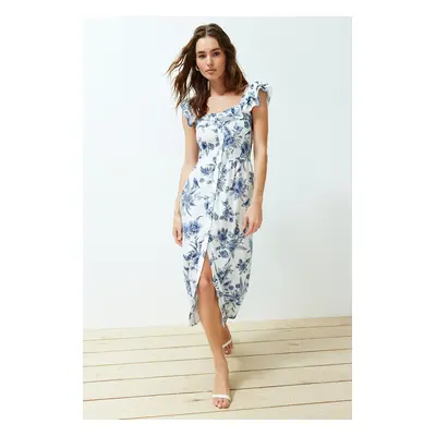 Trendyol Blue Floral Print Square Collar Viscose Midi Woven Dress