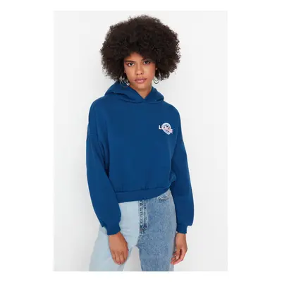 Trendyol Indigo Back Print Detailed Hooded Thick Fleece Knitted Sweatshirt