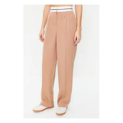 Trendyol Beige Wide Leg High Waist Belt Detail Woven Trousers