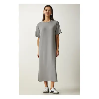 Happiness İstanbul Women's Gray Crew Neck Knitted Ribbed Dress