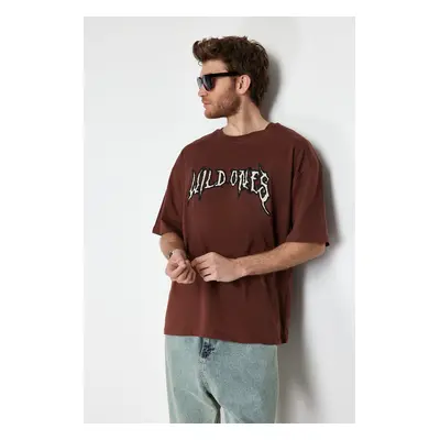 Trendyol Brown Oversize Special Embroidered 100% Cotton T-Shirt