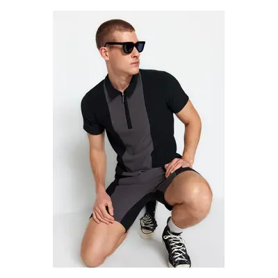 Trendyol Black-Grey Regular/Normal Cut Textured Wrinkle-Free Zippered Polo Neck T-Shirt