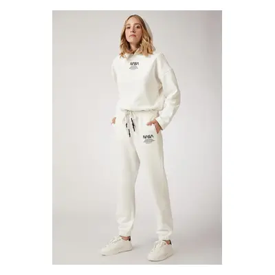 Happiness İstanbul Women's Ecru Fleece Printed Tracksuit Set