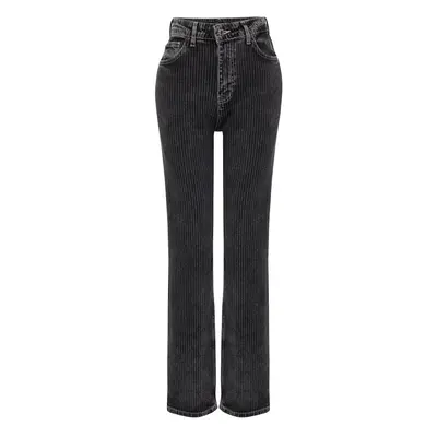 Trendyol Black Striped High Waist Long Straight Jeans