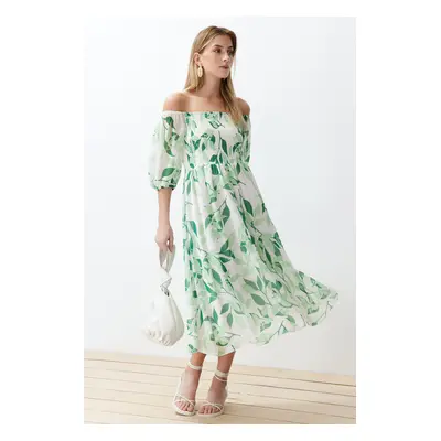 Trendyol Madonna Collar Chiffon Maxi Woven Dress with Green Floral Skirt Opening at the Waist