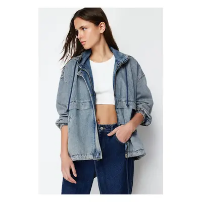 Trendyol Blue Hooded Oversize Denim Jacket