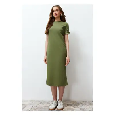 Trendyol Khaki Knitwear Tape Detailed Crew Neck Short Sleeve Elastic Knitted Dress