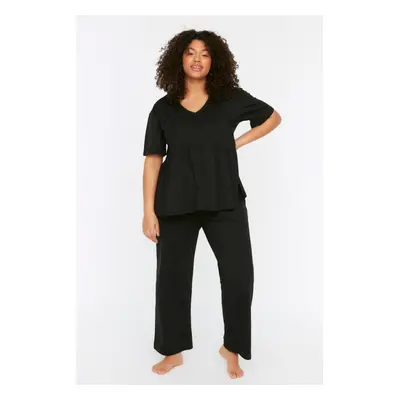 Trendyol Curve Black V-Neck Knitted Pajamas Set