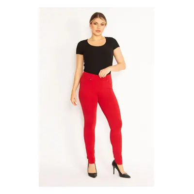 Şans Women's Plus Size Red Leggings With Trims And Back Pockets