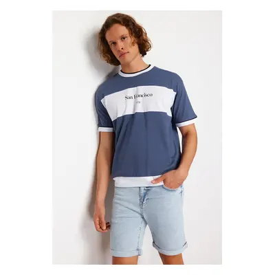 Trendyol Indigo Oversize/Wide Cut Color Block Printed 100% Cotton T-Shirt