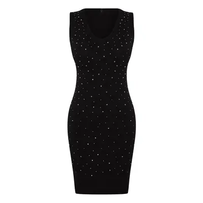 Trendyol Black Stone Detailed Bodycone/Fitting V-Neck Mini Flexible Knitted Pencil Dress