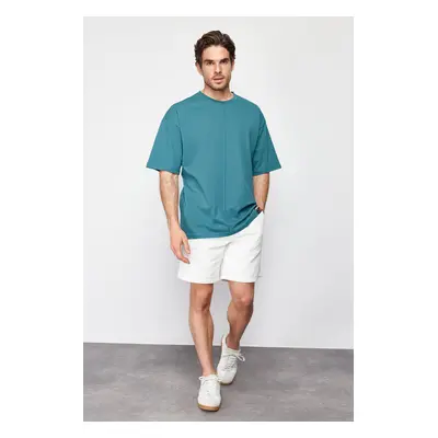 Trendyol Emerald Green Oversize 100% Cotton T-Shirt with Stitching Detail