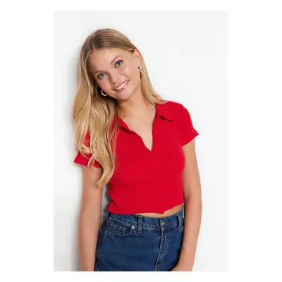 Trendyol Red Button Detail Fitted/Situated Crop Polo Neck Ribbed Stretch Knit Blouse