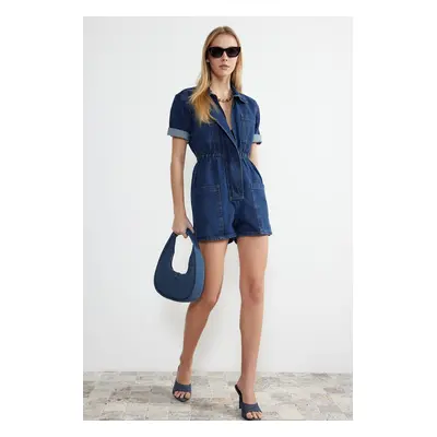 Trendyol Dark Blue Elastic Waist Denim Shorts Jumpsuit