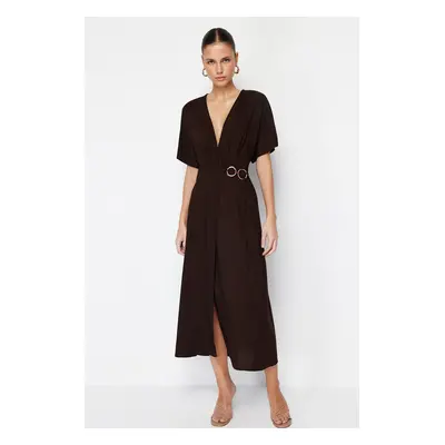 Trendyol Brown Double Breasted Midi Woven Dress with Accessory Tie Detail