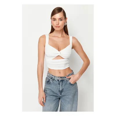 Trendyol White Crop Window/Cut Out Detail Knitted Blouse