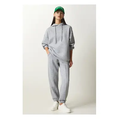 Happiness İstanbul Women's Gray Hooded Raised Knitted Tracksuit Set