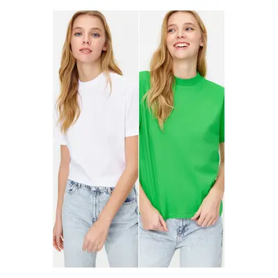 Trendyol Green-White 2-Pack Basic High Neck Knitted T-Shirt