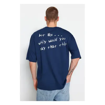 Trendyol Indigo Oversize/Wide Cut Text Printed Short Sleeve 100% Cotton T-Shirt