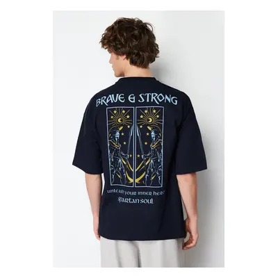 Trendyol Navy Blue Oversize/Wide Cut Mystic Printed 100% T-Shirt