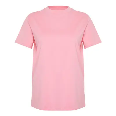 Trendyol Curve Pink Ribbed Collar Boyfriend 100% Cotton Knitted T-shirt