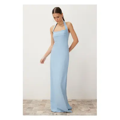 Trendyol Blue Fitted Neckline Woven Long Evening Dress