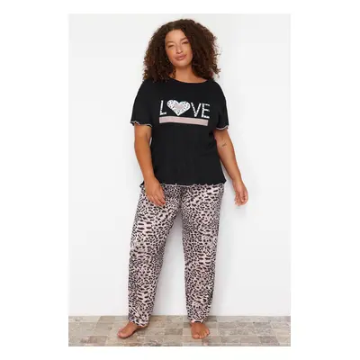 Trendyol Curve Black Leopard Patterned Knitted Pajamas Set