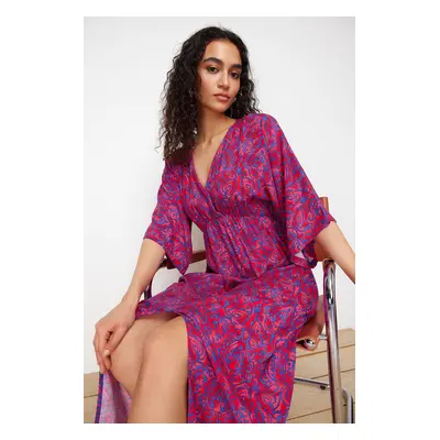 Trendyol Fuchsia Floral Print A-line Double-breasted Collar Midi Woven Dress