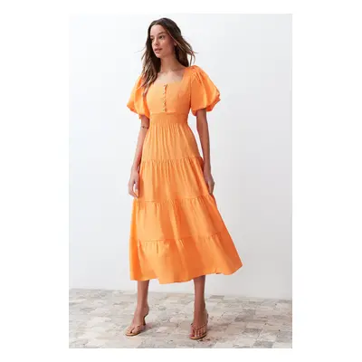 Trendyol Orange Waist Opening Gipe and Back Detailed Square Collar Maxi Woven Dress