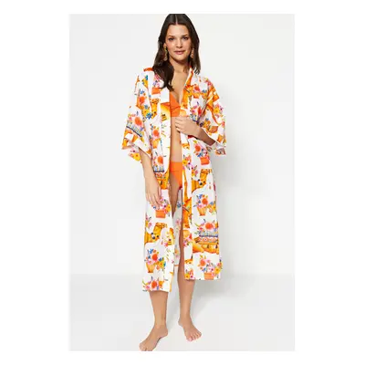 Trendyol Ethnic Pattern Belted Maxi-Weave 100% Cotton Kimono & Kaftan