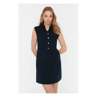 Trendyol Navy Blue egyenes szabású zsebes inggallér Mini szőtt vászon megjelenésű ruha